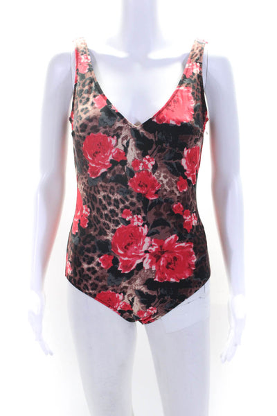 Gottex Womens Low Back Floral Leopard Print One Piece Swimsuit Brown Red Size 10