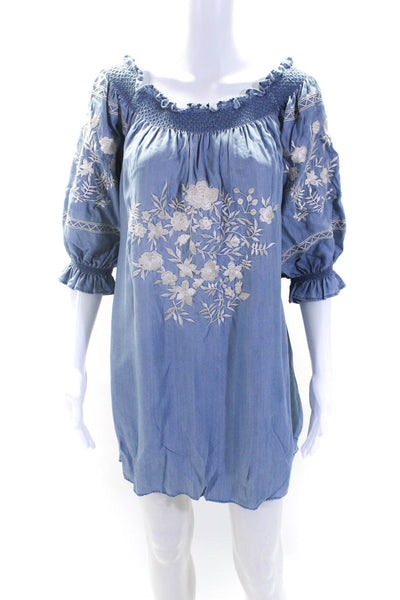 Zara Womens Off Shoulder Floral Embroidered Chambray Shift Dress Blue Size M