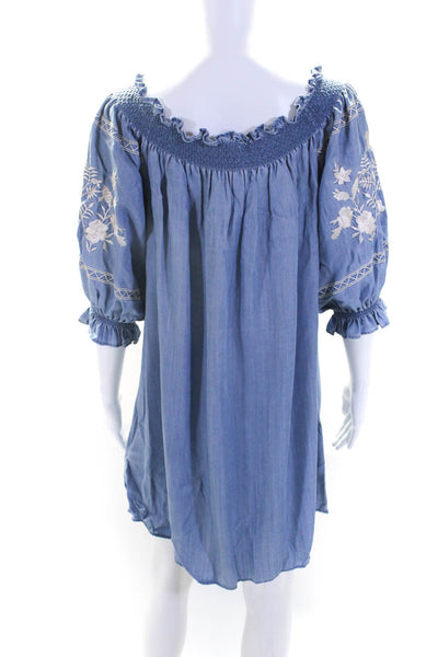 Zara Womens Off Shoulder Floral Embroidered Chambray Shift Dress Blue Size M