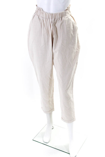 Buru Womens Cotton Ruched High Rise Elastic Waist Tapered Pants Beige Size S