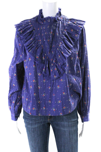 Roseanna Womens Cotton Floral Print Pleated Long Sleeve Blouse Blue Size EUR34