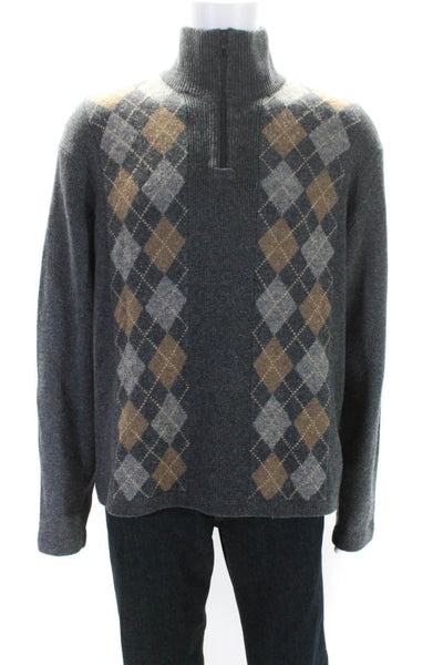 Victorinox Mens Wool Argyle Print Half Zipped Long Sleeve Sweater Gray Size XL