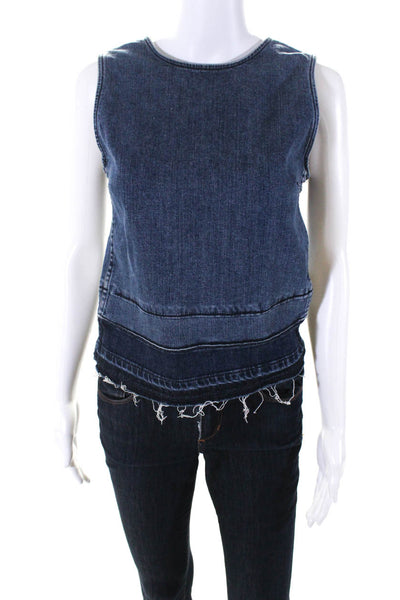 Theory Womens Cotton Denim Round Neck Sleeveless Zip Up Blouse Top Blue Size S