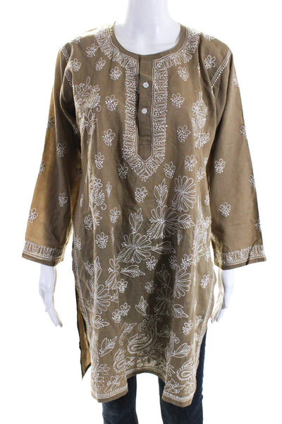 Designer Womens Embroidered Floral Long Sleeve Tunic Blouse Brown Size IT 42