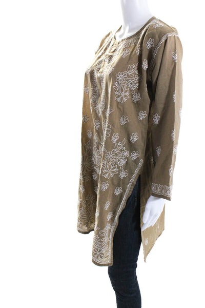 Designer Womens Embroidered Floral Long Sleeve Tunic Blouse Brown Size IT 42