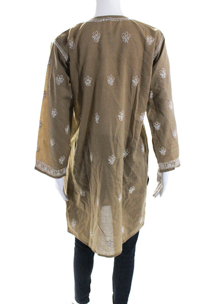 Designer Womens Embroidered Floral Long Sleeve Tunic Blouse Brown Size IT 42