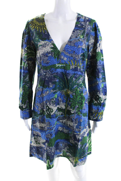 Le Sirenuse Womens V Neck Palm Tree Poplin Shift Dress Blue Green Size IT 46