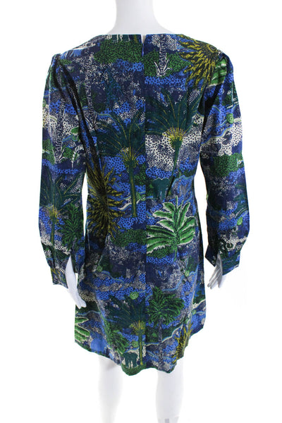 Le Sirenuse Womens V Neck Palm Tree Poplin Shift Dress Blue Green Size IT 46