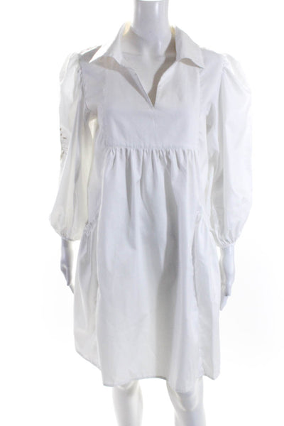 Pink Womens Collared V Neck 3/4 Puff Sleeve Shirt Shift Dress White Size Large