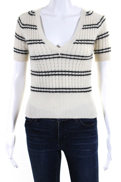 Adam Selman Womens Striped V Neck Sweater White Black Wool Size Extra Small