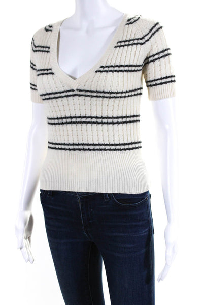 Adam Selman Womens Striped V Neck Sweater White Black Wool Size Extra Small