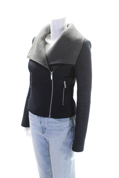 BCBGMAXAZRIA Womens Navy Gray Wool Zip Cowl Neck Long Sleeve Jacket Size XXS