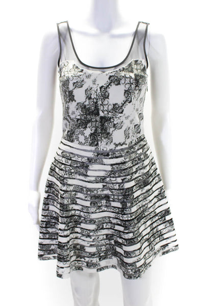 Parker Womens White Black Floral Mesh Trim Scoop Neck Fit & Flare Dress Size S