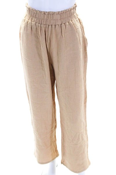 Black Saks Fifth Avenue Womens Cotton Elastic Waist Wide Leg Pants Beige Size XS