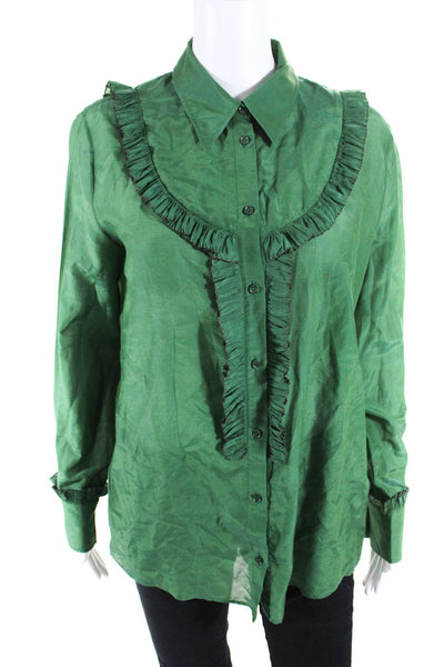 Rochas Womens Long Sleeve Button Up Ruffle Shirt Blouse Green Size IT 46