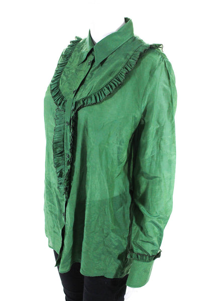 Rochas Womens Long Sleeve Button Up Ruffle Shirt Blouse Green Size IT 46