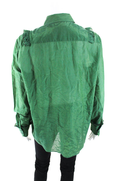 Rochas Womens Long Sleeve Button Up Ruffle Shirt Blouse Green Size IT 46