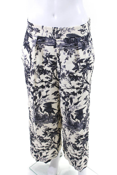 Cara Cara Womens High Waist Floral Crop Wide Leg Pants White Navy Linen Size 10