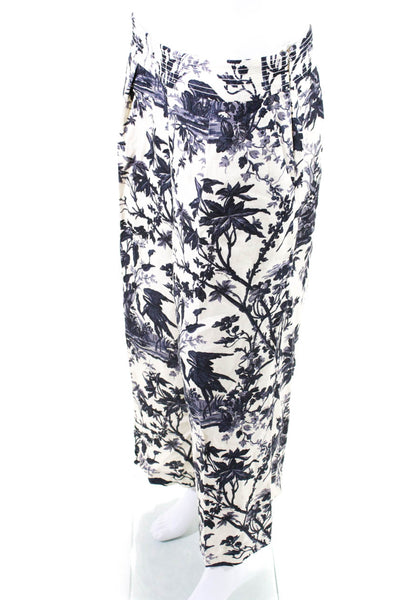 Cara Cara Womens High Waist Floral Crop Wide Leg Pants White Navy Linen Size 10