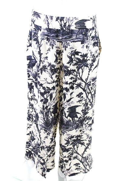 Cara Cara Womens High Waist Floral Crop Wide Leg Pants White Navy Linen Size 10