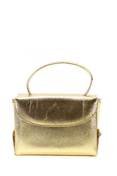 Designer Womens Small Metallic Leather Flap Top Handle Tote Handbag Gold