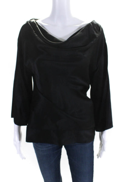 Natorious Womens Silk Boat Neck Long Sleeve Pullover Blouse Top Black Size S