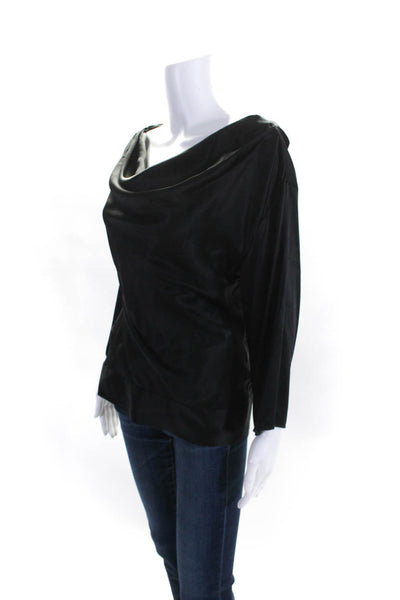 Natorious Womens Silk Boat Neck Long Sleeve Pullover Blouse Top Black Size S