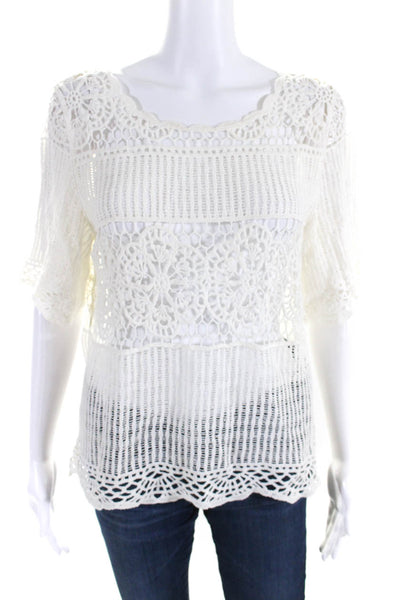 James Coviello Womens Cotton Open Knit Short Sleeve Blouse Top White Size M