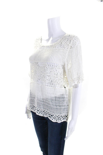 James Coviello Womens Cotton Open Knit Short Sleeve Blouse Top White Size M