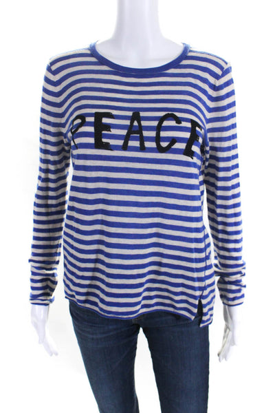 Velvet Womens Cotton Striped Round Neck Long Sleeve Knit Top Blue Size S