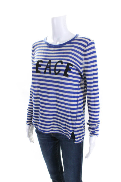 Velvet Womens Cotton Striped Round Neck Long Sleeve Knit Top Blue Size S