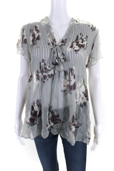 Joie Womens Floral Pleated Semi Sheer V-Neck Short Sleeve Blouse Top Gray Size M