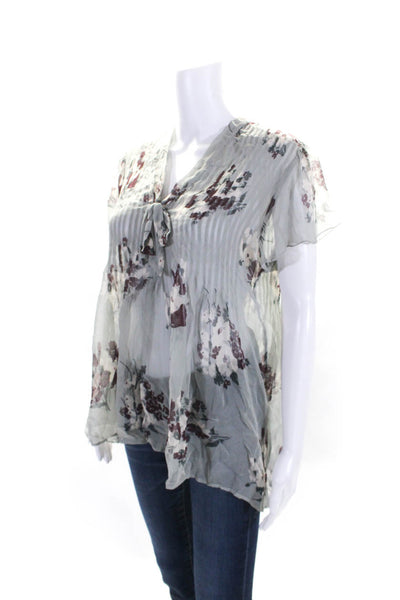 Joie Womens Floral Pleated Semi Sheer V-Neck Short Sleeve Blouse Top Gray Size M