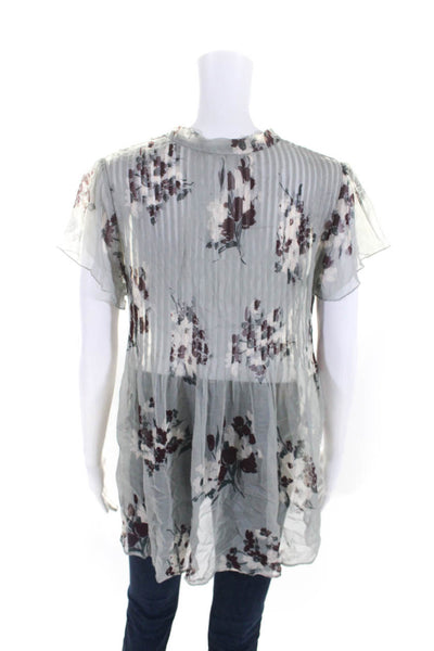 Joie Womens Floral Pleated Semi Sheer V-Neck Short Sleeve Blouse Top Gray Size M