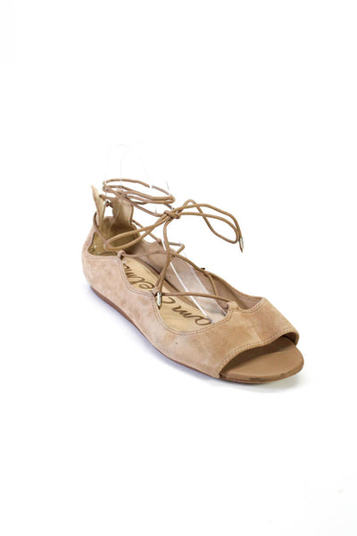 Sam Edelman Womens Suede Open Toe Lace Up Flats Sandals Beige Size 8.5