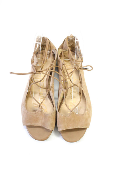 Sam Edelman Womens Suede Open Toe Lace Up Flats Sandals Beige Size 8.5