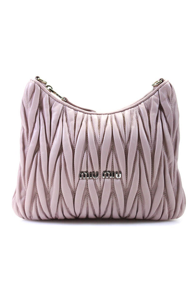 Miu Miu Womens Pleated Matelasse Chain Crossbody Handbag Light Pink Leather