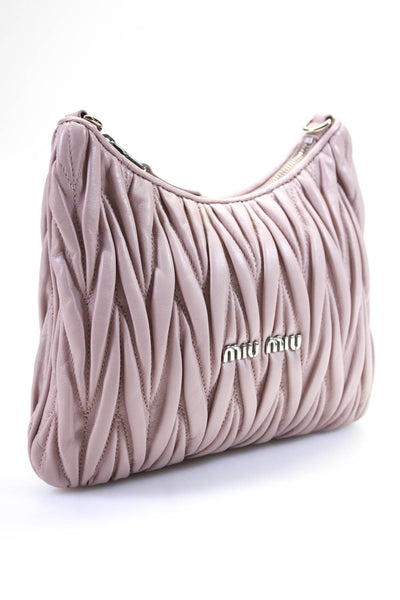 Miu Miu Womens Pleated Matelasse Chain Crossbody Handbag Light Pink Leather