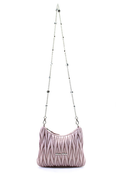 Miu Miu Womens Pleated Matelasse Chain Crossbody Handbag Light Pink Leather