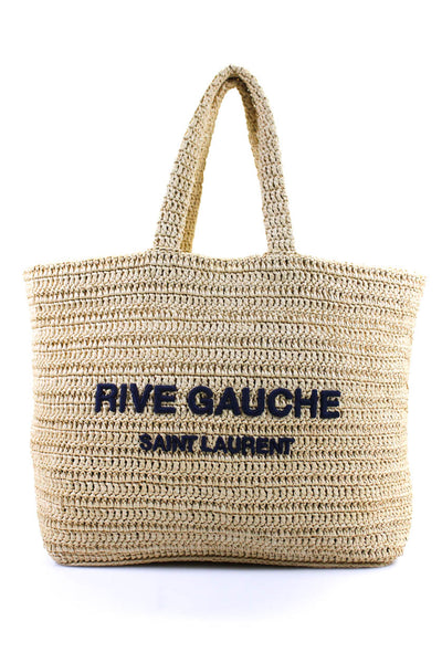 Saint Laurent Womens Large Embroidered Straw Beach Tote Handbag Natural Navy Blu