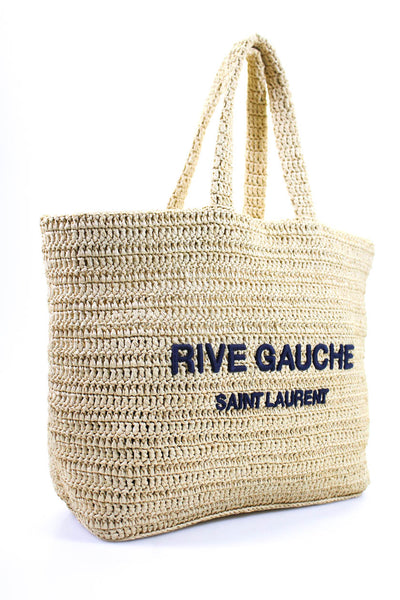 Saint Laurent Womens Large Embroidered Straw Beach Tote Handbag Natural Navy Blu