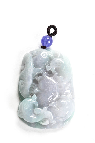 Designer Womens Jade Carved Fish Amethyst Bead Pendant 40.6g 2"