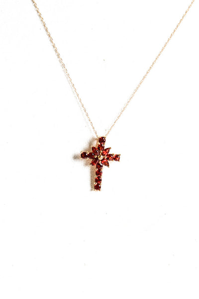 Designer Womens 14K Yellow Gold Garnet Cross Pendant Necklace 19" 2.2g