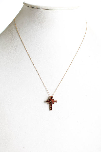 Designer Womens 14K Yellow Gold Garnet Cross Pendant Necklace 19" 2.2g