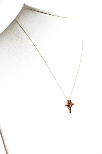 Designer Womens 14K Yellow Gold Garnet Cross Pendant Necklace 19" 2.2g