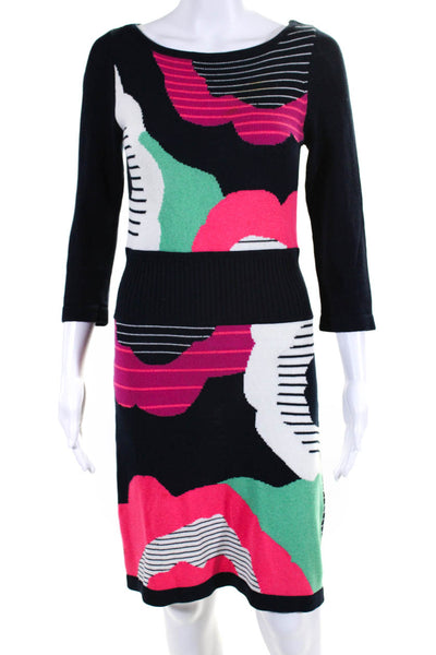Nanette Lepore Womens Cotton Blend Abstract Boat Neck Sweater Dress Navy Size S