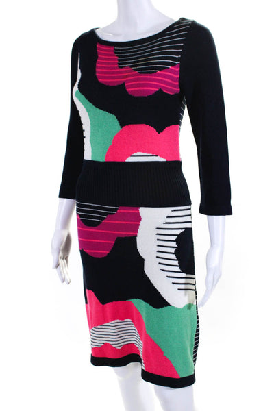 Nanette Lepore Womens Cotton Blend Abstract Boat Neck Sweater Dress Navy Size S