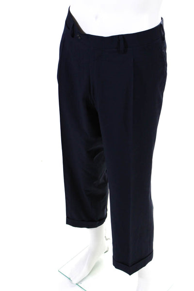 Designer Mens Pleated Tapered Leg Twill Dress Pants Navy Blue Wool Size 40