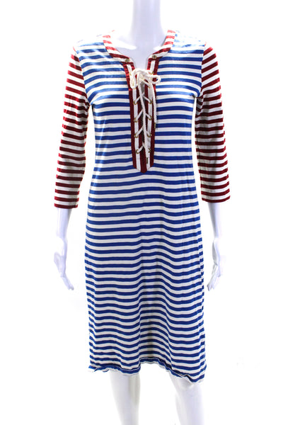 J Crew Womens Cotton Striped Lace-Up Long Sleeve T-Shirt Dress Blue Size XS