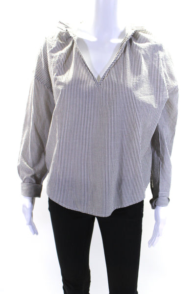 Sundays Women's Ruffle Long Sleeves High Low Hem Blouse Gray Stripe Size XS